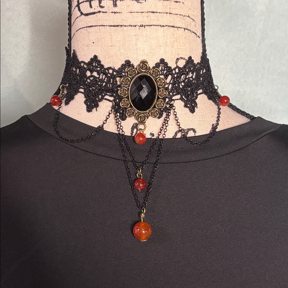 Gothic Lace Vampire Choker with Genuine Carnelian dark romantic cottage goth